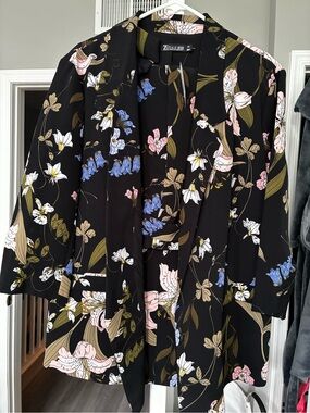 New York & Company Black Floral Blazer with Blue and Olive Accents
